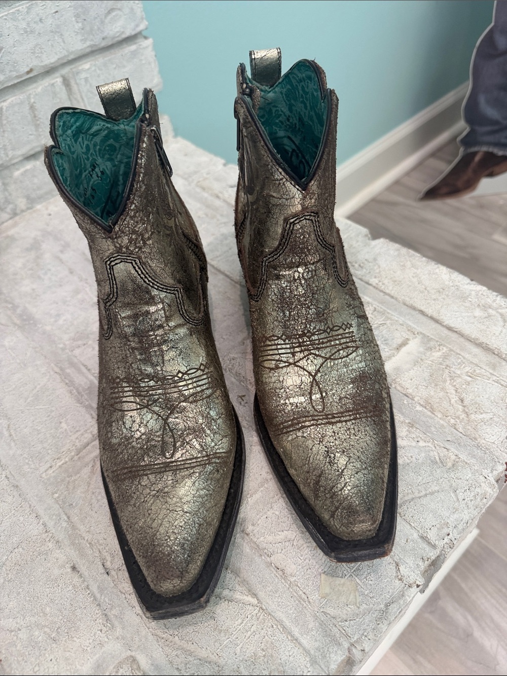 Corral Metallic Gold Ankle Western Booties with Turquoise Lining - Picture 2 of 8